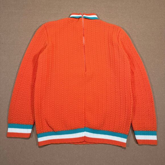 Vintage 70s BodinKnits Orange Knit Sweater Sz 12 Mock Neck Stripe Trim USA - Picture 3 of 8